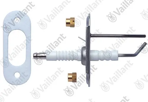 Vaillant Zündelektrode mit Metallteilen und Isolierung, kombiniert mit einem Dichtungsring zur Montage. Komponenten in neutralen Farben.